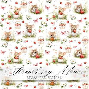 Motif souris sans couture fraise - Conception de tissu cottagecore mignon - Répétition de bébé animal - Papier numérique pour chambre d'enfant d'été - Usage commercial