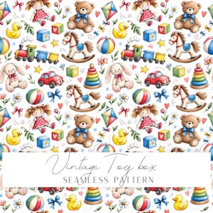 Puede incluir: Un patrón continuo con ilustraciones en acuarela de osos de peluche, caballos mecedora, muñecas, trenes, patitos de goma, anillos apilables, pelotas, cometas y coches. El texto "Vintage Toy box SEAMLESS PATTERN" está centrado sobre el diseño.