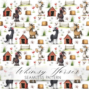 Whimsy Horses Seamless Pattern, Cute Farm Horse Digital Paper, Horse Nursery Fabric Print, Scrapbook Background, Commercial Use