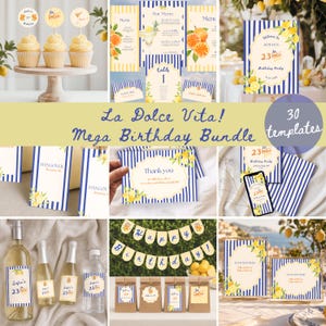 Peut inclure: Un ensemble d'anniversaire La Dolce Vita comprenant 30 modèles à rayures bleues et blanches avec des illustrations de citrons. Inclut des décorations de cupcakes, menus, panneaux, cartes de remerciement, étiquettes et une bannière La Dolce Vita! Mega Birthday Bundle.