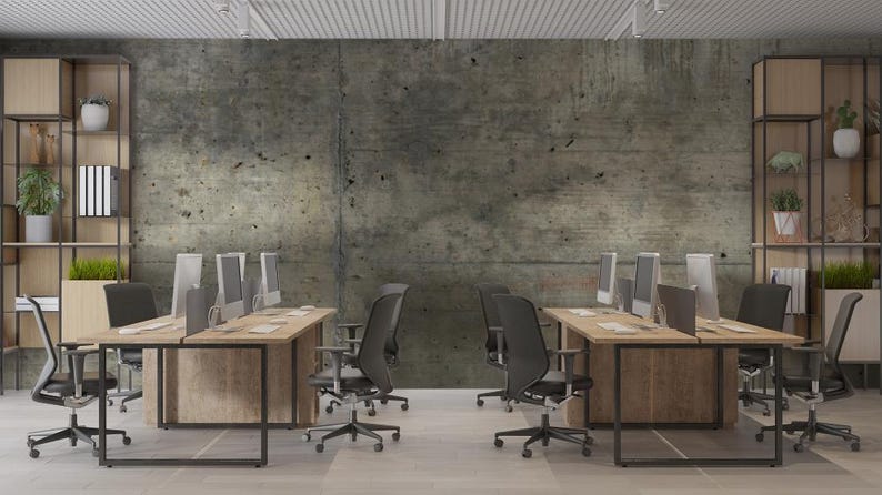 Peut inclure: Un espace de bureau avec deux bureaux &eacute;quip&eacute;s de plusieurs &eacute;crans d'ordinateur. Des chaises de bureau noires sont plac&eacute;es &agrave; chaque bureau. La pi&egrave;ce a un mur en b&eacute;ton et des &eacute;tag&egrave;res en bois avec des plantes et des objets d&eacute;coratifs.