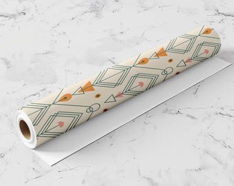 Papier peint autocollant géométrique bohème art déco, toile de fond bleu sarcelle crème pêche