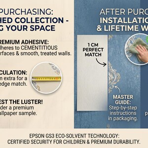 Peut inclure: Graphique informatif avec du texte sur l'installation de papier peint. Le texte comprend "The Cherished Collection" et "Installation Guide & Lifetime Warranty". Les caract&eacute;ristiques incluent une colle de qualit&eacute; sup&eacute;rieure, un calcul pr&eacute;cis et un entretien de luxe. L'image montre &eacute;galement un rouleau de papier peint.