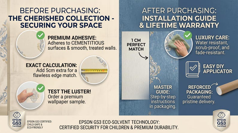 Peut inclure: Graphique informatif avec du texte sur l'installation de papier peint. Le texte comprend "The Cherished Collection" et "Installation Guide & Lifetime Warranty". Les caract&eacute;ristiques incluent une colle de qualit&eacute; sup&eacute;rieure, un calcul pr&eacute;cis et un entretien de luxe. L'image montre &eacute;galement un rouleau de papier peint.