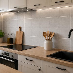 Könnte beinhalten: Eine Küche mit hellen Schränken, einer hölzernen Arbeitsplatte und einem schwarzen Induktionskochfeld. Ein Edelstahlbackofen ist in den Unterschrank eingebaut. Ein schwarzer Wasserhahn steht neben einem weißen Utensilienhalter mit Holzlöffeln.