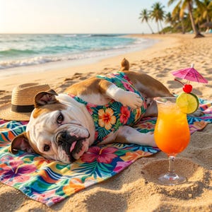 May include: A relaxed bulldog wearing a floral swimsuit lies on a beach towel at the beach. A straw hat and a tropical cocktail with a cherry and lime garnish sit nearby. Palm trees and ocean waves are in the background.