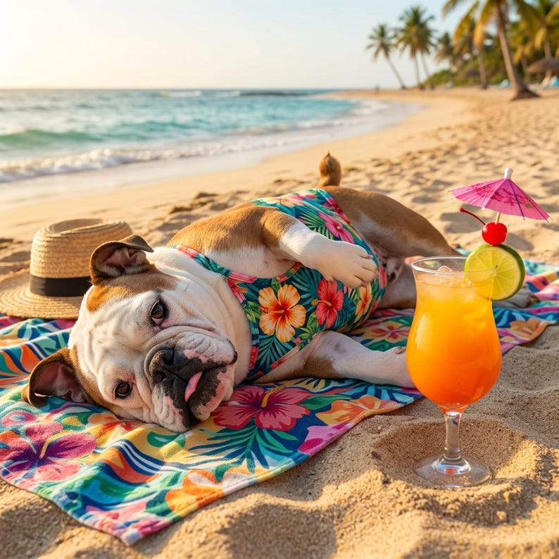 May include: A relaxed bulldog wearing a floral swimsuit lies on a beach towel at the beach. A straw hat and a tropical cocktail with a cherry and lime garnish sit nearby. Palm trees and ocean waves are in the background.