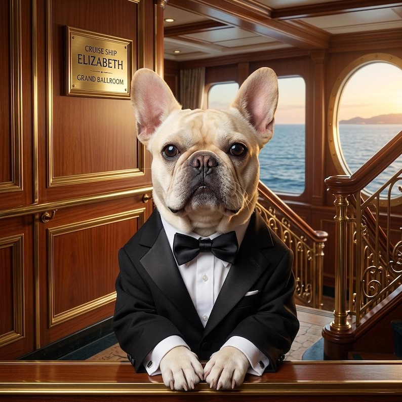May include: A French Bulldog wearing a black tuxedo with a bow tie, standing behind a wooden counter. The dog is in a cruise ship setting, with a sign that reads "Cruise Ship Elizabeth Grand Ballroom". The background shows a staircase and ocean view.