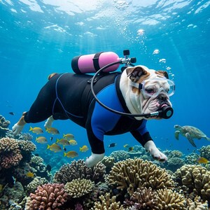 May include: A bulldog wearing a scuba diving suit, mask, and tank swims underwater near a coral reef. The dog is in a black and blue wetsuit with a pink tank. Yellow fish and a sea turtle are also visible.