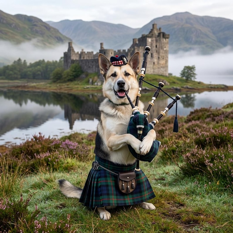 May include: A dog wearing a Scottish kilt and hat, playing bagpipes. The dog is standing in front of a lake and a castle, with mountains in the background. The kilt is green, blue, and red plaid.