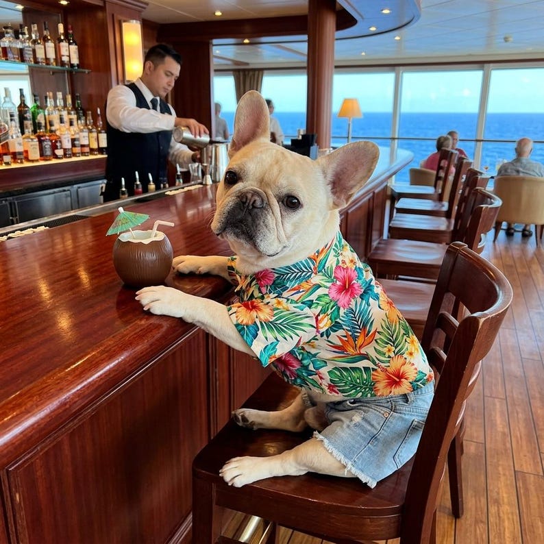 May include: A French Bulldog wearing a colorful floral shirt and denim shorts sits at a bar. A coconut drink with a tiny umbrella sits on the bar. A bartender is visible in the background.
