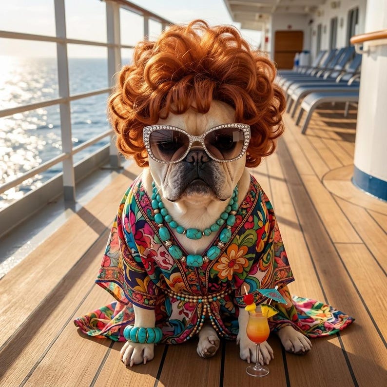 May include: A French bulldog wearing a red wig, rhinestone sunglasses, and a colorful patterned robe. The dog is adorned with turquoise jewelry and a bracelet. A cocktail with a tiny umbrella sits nearby on a wooden deck, with the ocean in the background.
