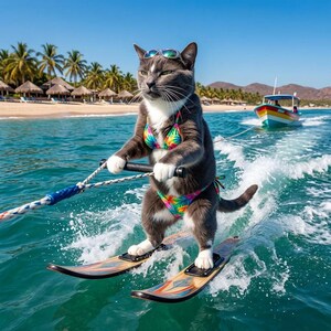 May include: A gray and white cat wearing sunglasses and a colorful bikini, water skiing on a sunny day. The cat is holding a waterski rope and standing on skis. A boat is in the background, and the water is turquoise.