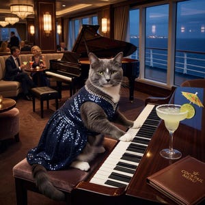 May include: A gray cat wearing a sequined navy blue dress plays a piano. A margarita with a lime wedge and cocktail umbrella sits on the piano. A cocktail menu is on the piano. People are in the background.