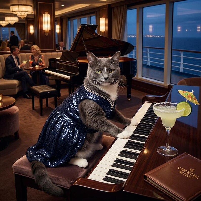 May include: A gray cat wearing a sequined navy blue dress plays a piano. A margarita with a lime wedge and cocktail umbrella sits on the piano. A cocktail menu is on the piano. People are in the background.