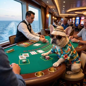 May include: A French Bulldog wearing sunglasses, a straw hat, and a Hawaiian shirt sits at a blackjack table. The dog is surrounded by casino chips and playing cards. A dealer and other players are visible in the background.