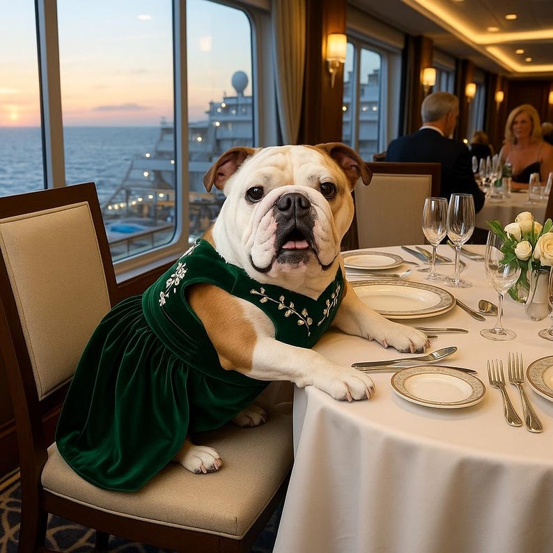 May include: A white and brown bulldog wearing a green velvet dress with white floral embroidery, seated at a table set for a formal dinner. The dog is in a restaurant with a view of the ocean and a cruise ship.