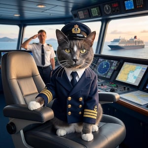 May include: A gray cat wearing a navy blue captain's uniform and hat, sitting in a ship's command chair. The uniform has gold accents and a small anchor emblem. A cruise ship is visible in the background.