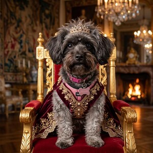 May include: A small, dark-haired dog wearing a gold tiara, a pink collar with a bone-shaped tag, and a burgundy velvet cape with gold embroidery. The dog is seated on a red and gold throne in a regal setting.