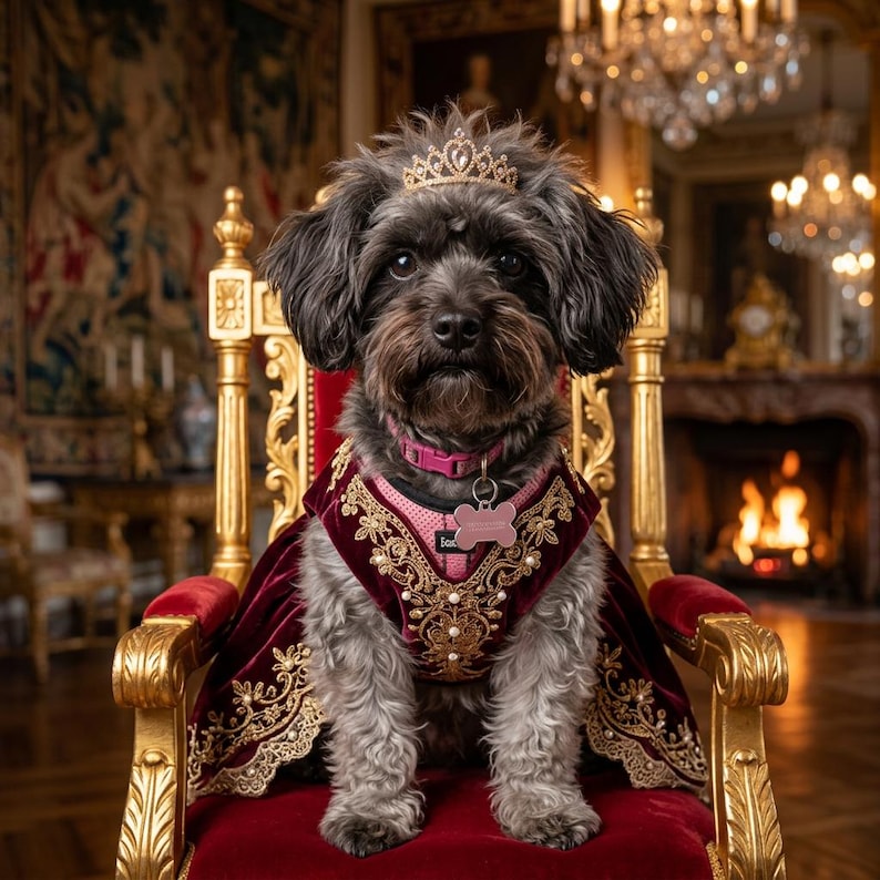 May include: A small, dark-haired dog wearing a gold tiara, a pink collar with a bone-shaped tag, and a burgundy velvet cape with gold embroidery. The dog is seated on a red and gold throne in a regal setting.
