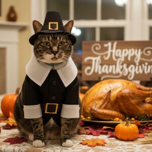May include: A tabby cat dressed in a black pilgrim outfit with a white collar and a black hat with a gold buckle. The cat is sitting in front of a Thanksgiving feast, including a roasted turkey and pumpkins. A wooden sign reads "Happy Thanksgiving."