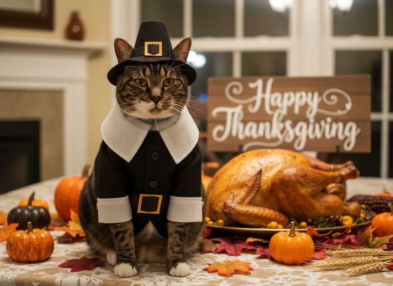 May include: A tabby cat dressed in a black pilgrim outfit with a white collar and a black hat with a gold buckle. The cat is sitting in front of a Thanksgiving feast, including a roasted turkey and pumpkins. A wooden sign reads "Happy Thanksgiving."