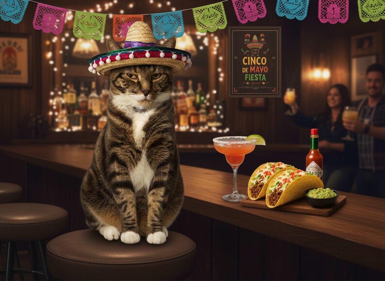 May include: A tabby cat wearing a sombrero sits on a bar stool in a bar decorated for Cinco de Mayo. A margarita, tacos, and a bottle of hot sauce are on the bar. A sign reads "Cinco de Mayo Fiesta."