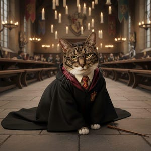 May include: A tabby cat wearing a black robe, white shirt, and a red and gold striped tie, with round glasses. The cat is in a large hall with long tables, candles, and banners, and a wand is on the floor.