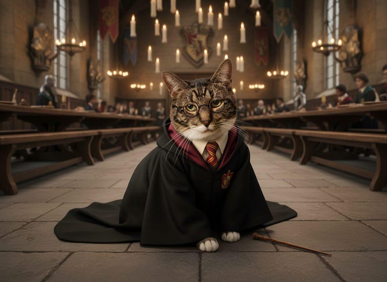 May include: A tabby cat wearing a black robe, white shirt, and a red and gold striped tie, with round glasses. The cat is in a large hall with long tables, candles, and banners, and a wand is on the floor.
