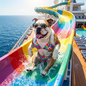 May include: A brown and white bulldog wearing sunglasses and a floral bikini slides down a colorful water slide on a cruise ship. The dog is smiling with its tongue out, enjoying the water.