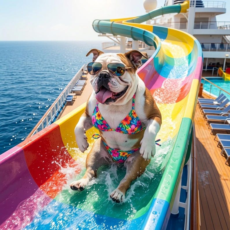May include: A brown and white bulldog wearing sunglasses and a floral bikini slides down a colorful water slide on a cruise ship. The dog is smiling with its tongue out, enjoying the water.