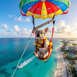 May include: A French Bulldog wearing goggles and a life vest is parasailing over a turquoise ocean. The dog is suspended from a colorful parachute with red, yellow, blue, and green panels. A white boat is visible in the water, and a beach with buildings lines the coast.