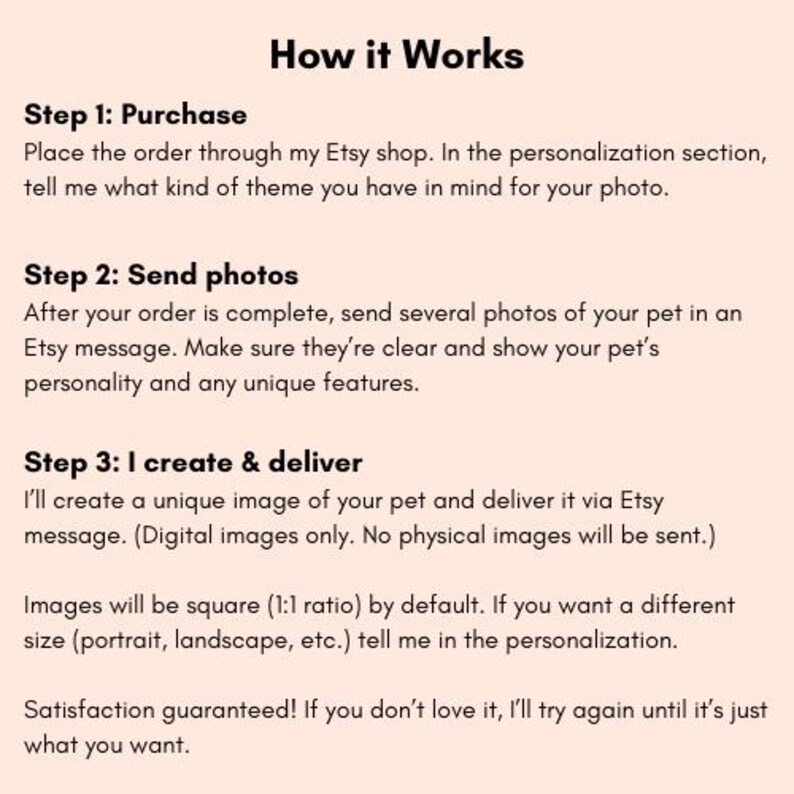 May include: A peach-colored graphic with the title "How it Works" and three steps for ordering a custom pet image. The steps include purchasing, sending photos, and receiving the digital image via Etsy message. The text also mentions image size options.