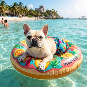 May include: A light tan French Bulldog wearing blue floral swim trunks, floating in clear turquoise water on a colorful inflatable ring. The ring has a tropical fruit design and the words "MEXICO VIBES". A beach and ancient ruins are in the background.