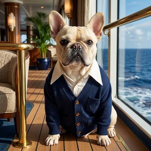 May include: A tan French Bulldog wearing a navy blue cardigan sweater with a white collared shirt. The dog is sitting on a wooden deck with a gold railing, with a view of the ocean through a large window.