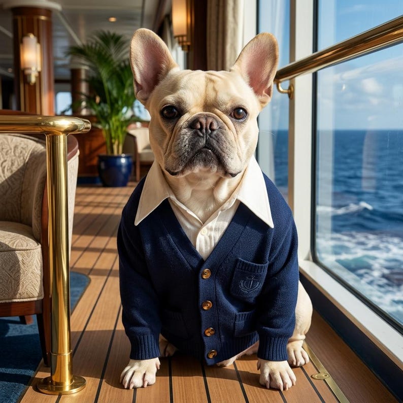 May include: A tan French Bulldog wearing a navy blue cardigan sweater with a white collared shirt. The dog is sitting on a wooden deck with a gold railing, with a view of the ocean through a large window.