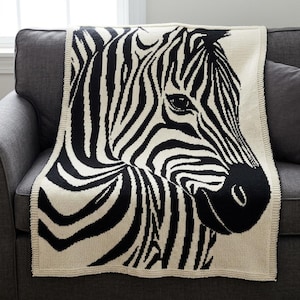 Op de afbeelding: Een gebreide sprei met een groot zebrahoofdontwerp. De sprei heeft een crèmekleurige achtergrond met gedurfde zwarte strepen en details, wat een opvallend contrast creëert. De sprei is over een grijze bank gedrapeerd.
