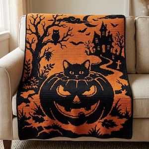 May include: A rectangular crochet blanket featuring a black and orange Halloween scene. The design displays a black cat sitting inside a carved jack-o'-lantern, a haunted house, a bare tree with an owl, bats, and a graveyard on an orange background.