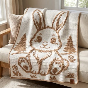 Può includere: Una coperta rettangolare all'uncinetto con un grande motivo centrale di un coniglio marrone e bianco. Il design include due pini marroni su entrambi i lati del coniglio, con piccoli fiori negli angoli inferiori, il tutto in filato testurizzato.