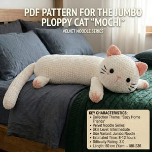 Patrón de ganchillo para gato gigante flexible / Tutorial de amigurumi de terciopelo mochi (descarga digital)