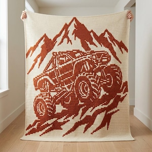 Schema per coperta all'uncinetto a mosaico con camion fuoristrada 4x4, fuoristrada da montagna (download PDF)