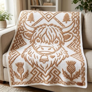 Highland Cow Mosaic Crochet Blanket Pattern, Celtic Thistle Knotwork Afghan (PDF Chart)