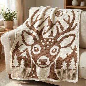 Deer Mountain Mosaic Crochet Blanket Pattern, Woodland Nursery PDF Chart, Rustic Throw