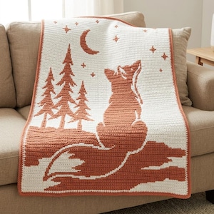 Häkelmuster für eine Mosaikdecke mit Fuchs- und Mondmotiv, PDF-Diagramm „Waldhimmel“, Sternennacht-Überwurf