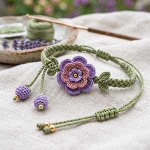 May include: A handmade crochet bracelet featuring a large flower with purple and pink petals and a gold center. The bracelet is green with two purple beaded accents and gold beads.