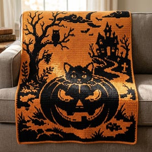 May include: A rectangular crochet blanket featuring a black and orange Halloween-themed pattern. The design displays a black cat emerging from a carved jack-o'-lantern, a haunted house, a bare tree with an owl, and a crescent moon in the sky.