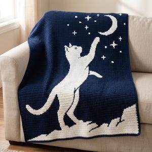 Mönster för virkad filt med mosaikmotiv "Cat Reaching for Moon", Celestial Kitty PDF-diagram (digital nedladdning)
