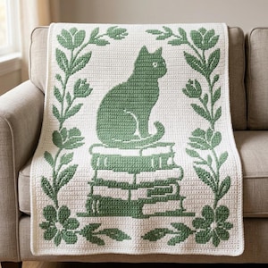 Mönster för virkad filt med mosaikmotiv av Bookish Cat Overlay, Cottagecore Afghan (PDF-nedladdning)