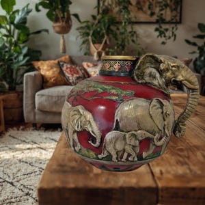Può includere: Un vaso decorativo rosso con dettagli dorati e verdi, con intagli a rilievo dettagliati di elefanti. Il vaso ha un manico a forma di proboscide di elefante ed è esposto su un tavolo di legno.