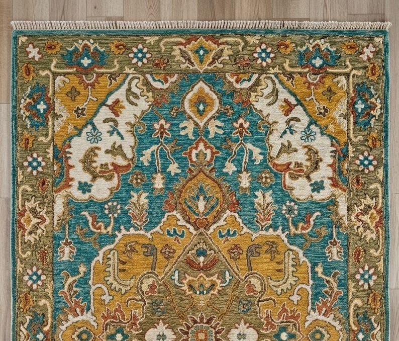 May include: A detailed close-up of a rectangular rug with an intricate pattern. The rug features a teal, gold, and cream color palette with floral and geometric designs. The border is a darker green with a fringed edge.